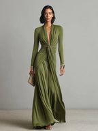 Brynn | Olive Silk Maxi V-Neck Dress