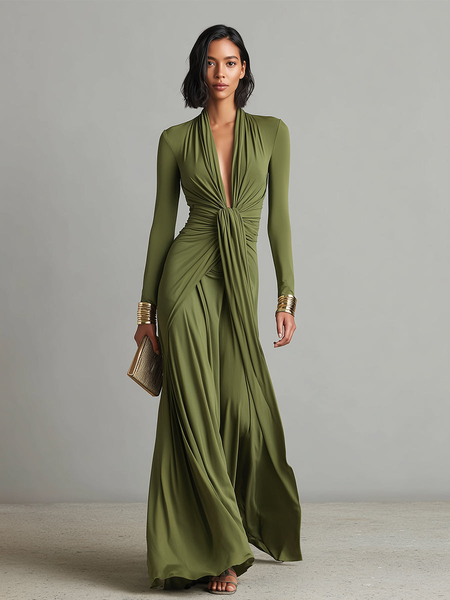 Brynn | Olive Silk Maxi V-Neck Dress
