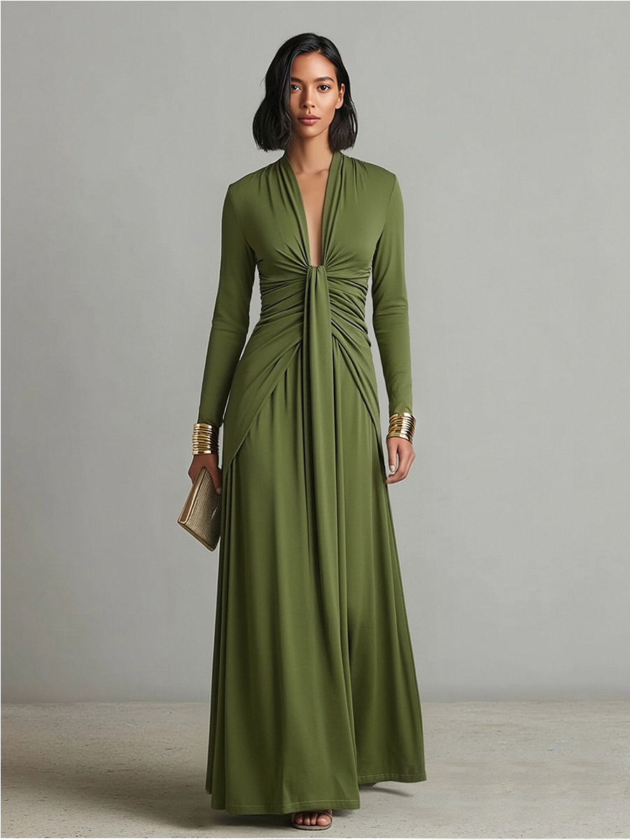 Brynn | Olive Silk Maxi V-Neck Dress
