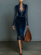 Keesha | Velvet Midi Dress with Lace Details