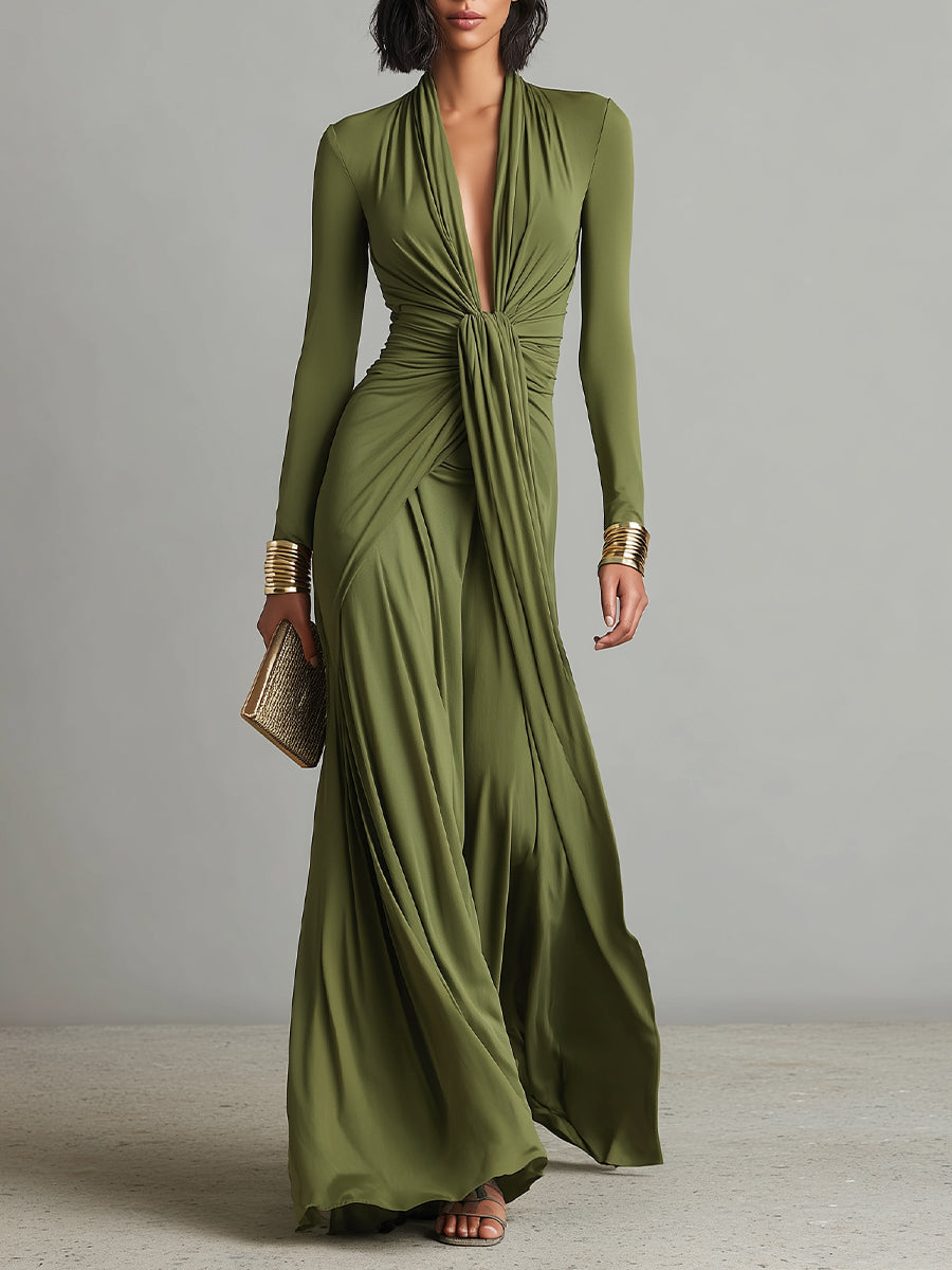 Brynn | Olive Silk Maxi V-Neck Dress
