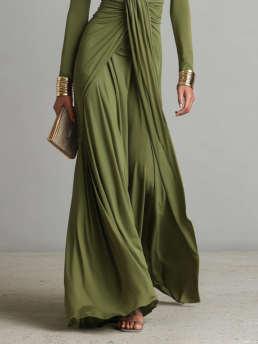 Brynn | Olive Silk Maxi V-Neck Dress