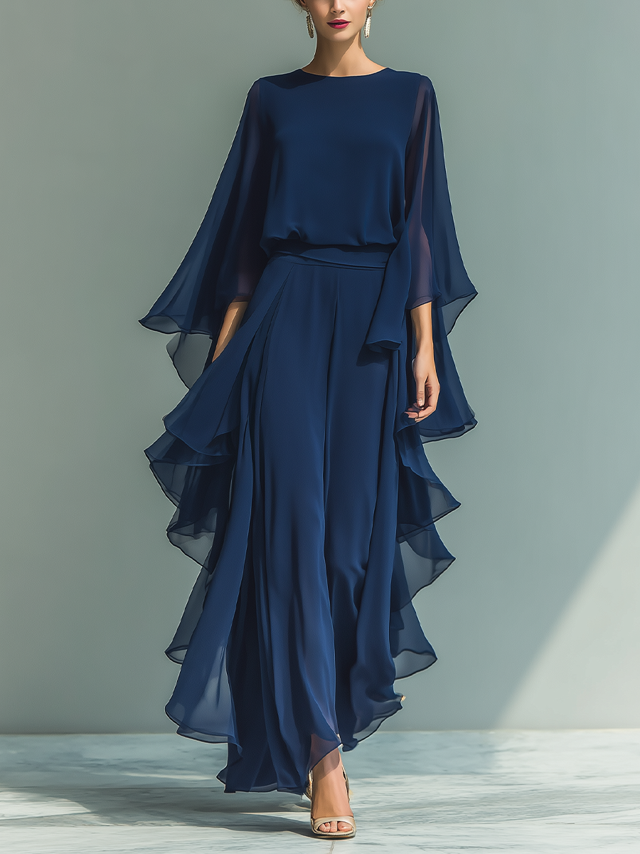 Leticia | Navy Chiffon Ruffle Two-Piece Set