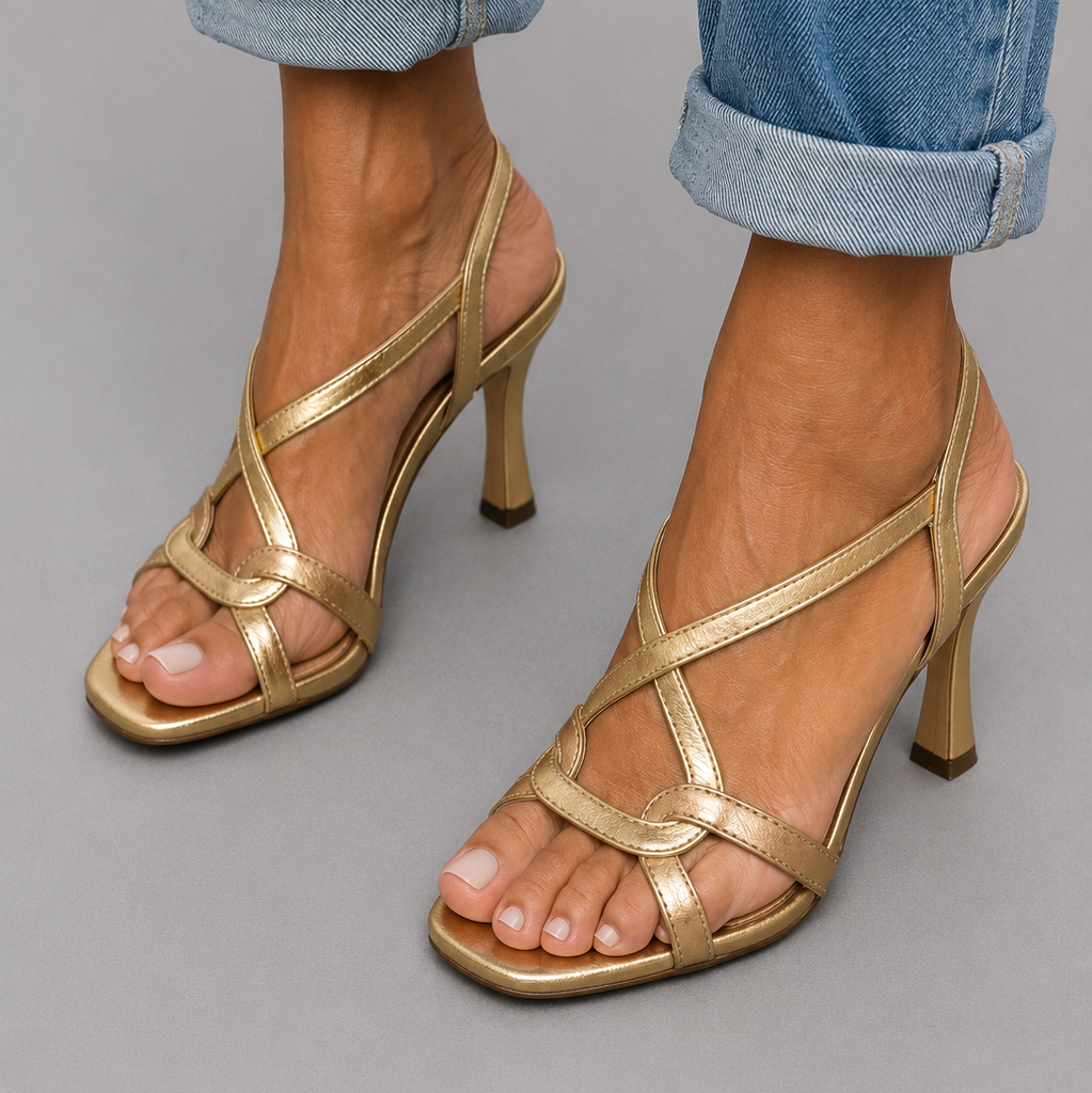 Nayelie | Gold Crossed-Strap Heeled Sandals
