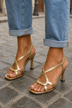 Nayelie | Gold Crossed-Strap Heeled Sandals