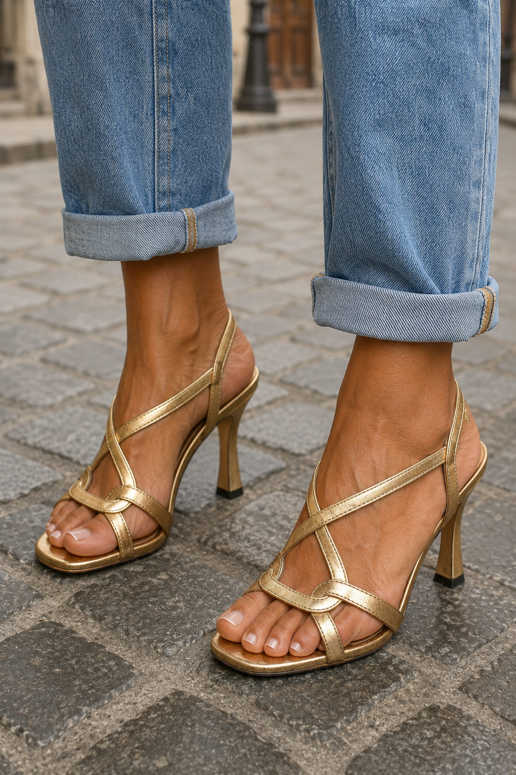 Nayelie | Gold Crossed-Strap Heeled Sandals