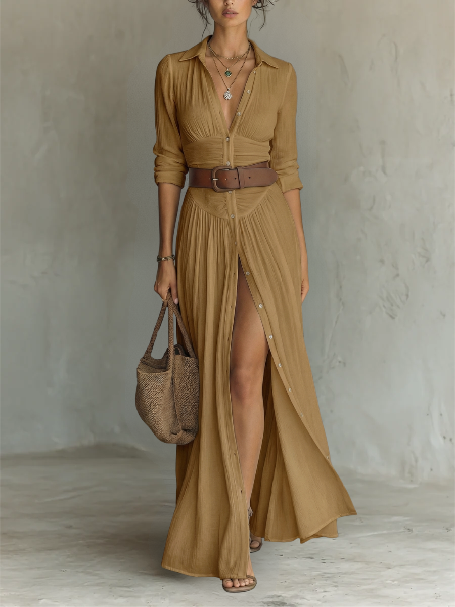 Tamara | Linen Maxi Dress Lapel Long Sleeve