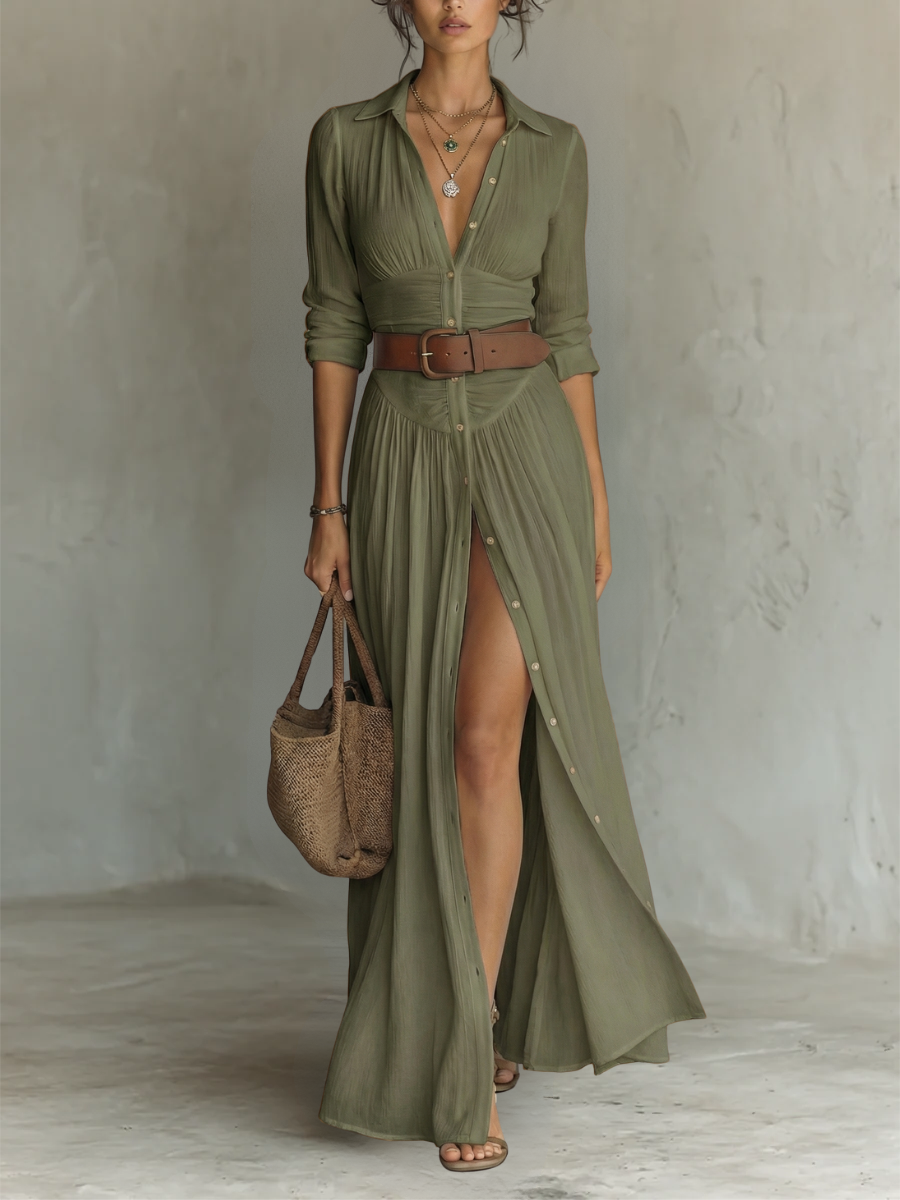 Tamara | Linen Maxi Dress Lapel Long Sleeve