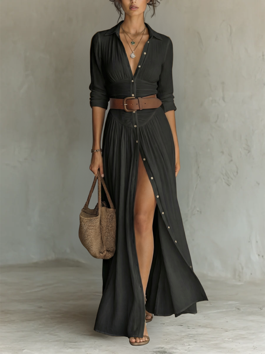Tamara | Linen Maxi Dress Lapel Long Sleeve