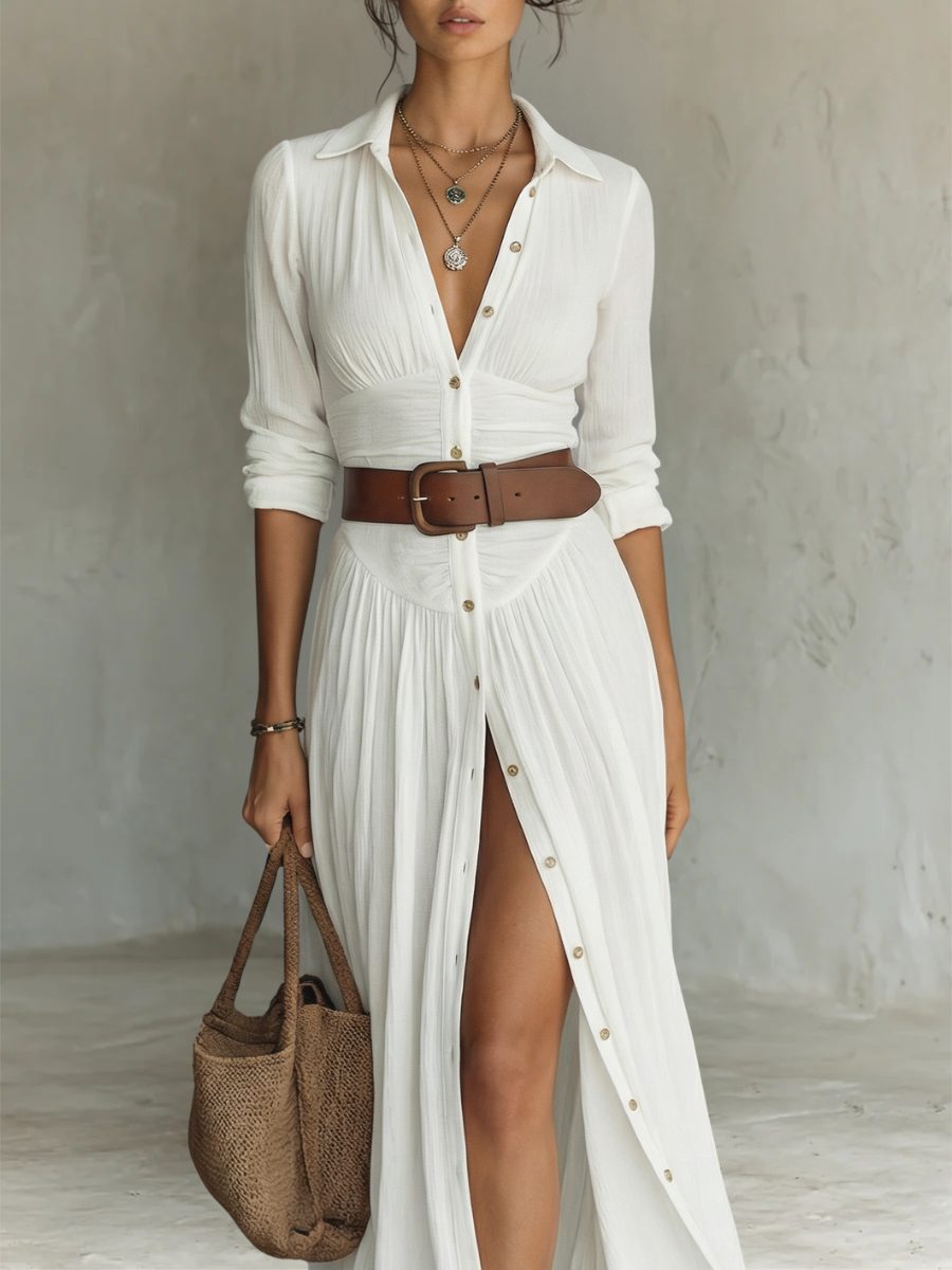 Tamara | Linen Maxi Dress Lapel Long Sleeve