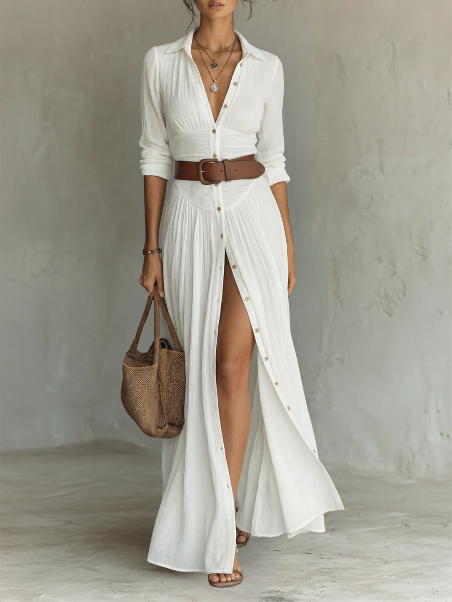 Tamara | Linen Maxi Dress Lapel Long Sleeve