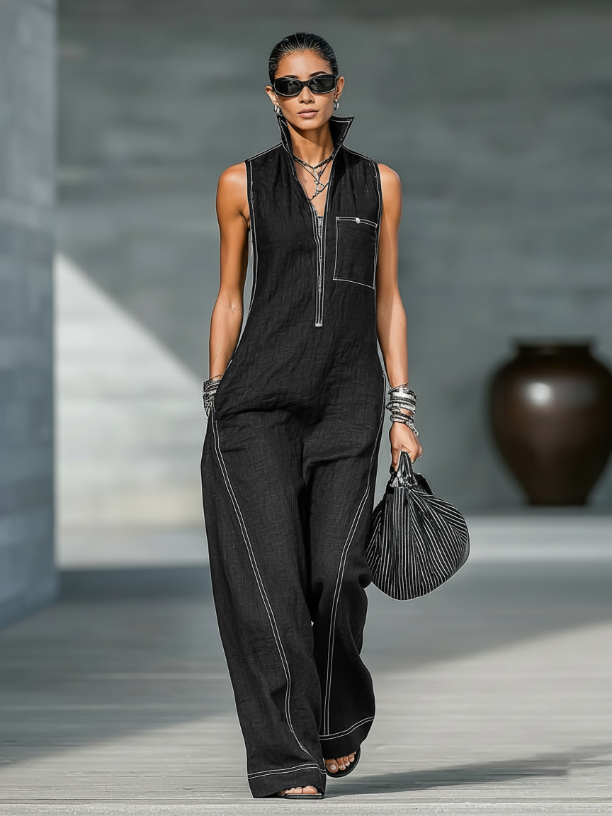 Renee | Sleeveless Wide-Leg Contrast Overalls