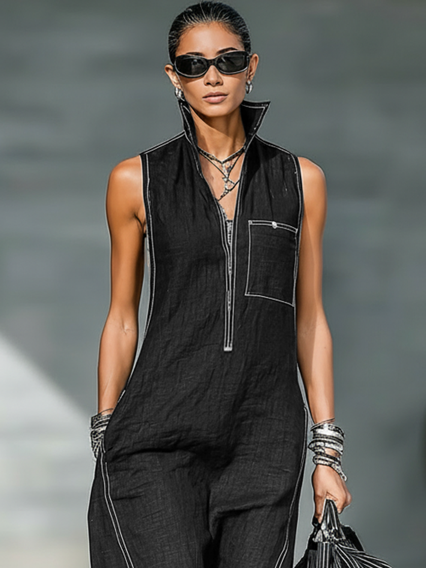 Renee | Sleeveless Wide-Leg Contrast Overalls