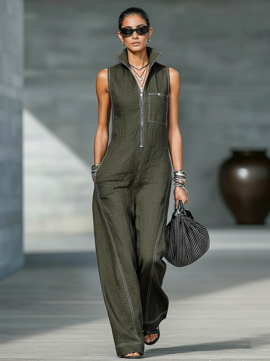 Renee | Sleeveless Wide-Leg Contrast Overalls