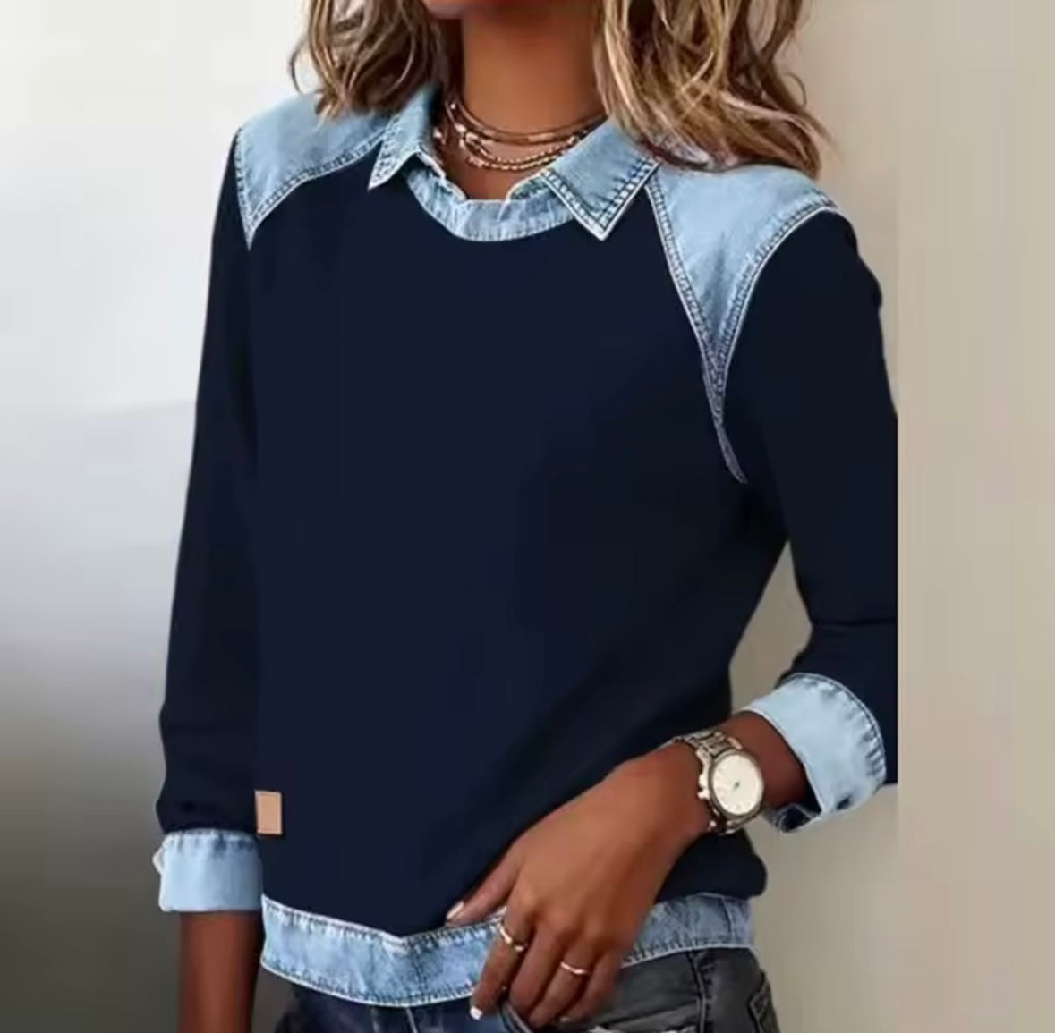 Taylore | Knit Pullover with Denim Collar