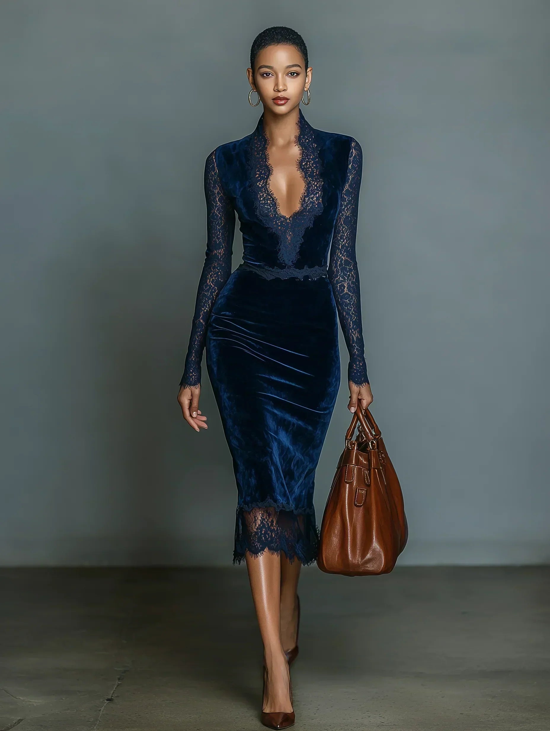 Keesha | Velvet Midi Dress with Lace Details