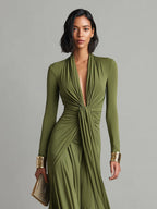 Brynn | Olive Silk Maxi V-Neck Dress
