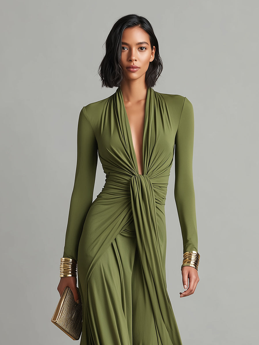 Brynn | Olive Silk Maxi V-Neck Dress