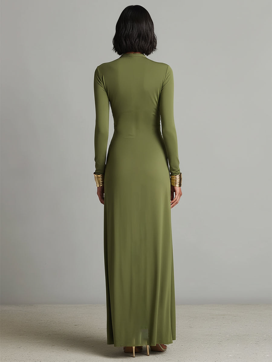 Brynn | Olive Silk Maxi V-Neck Dress